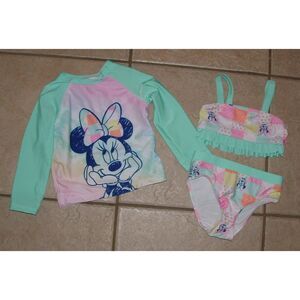 Girls Sz 18 Months Colorful MINNIE MOUSE Ruffle Bikini & Rash Guard Top 3 Pc Set